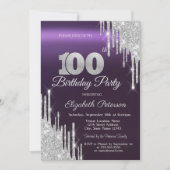 Invitation Parties scintillant d'argent gouttes foncé violet  (Devant)