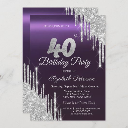Invitation Parties scintillant d'argent gouttes foncé violet  (Devant / Derrière)