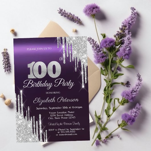 Invitation Parties scintillant d'argent gouttes foncé violet