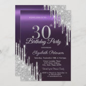 Invitation Parties scintillant d'argent gouttes foncé violet (Devant / Derrière)