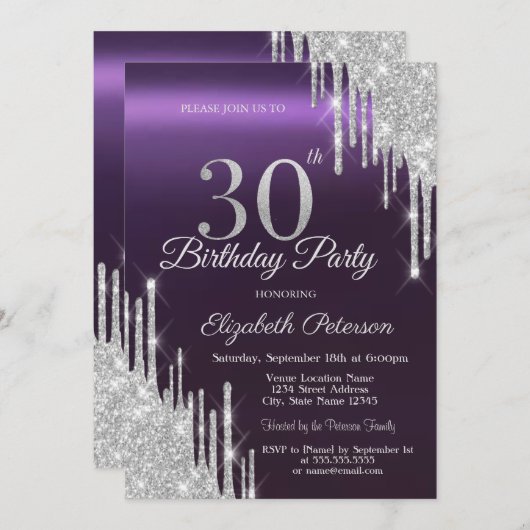 Invitation Parties scintillant d'argent gouttes foncé violet  (Devant / Derrière)