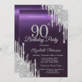 Invitation Parties scintillant d'argent gouttes pourpre foncé (Devant / Derrière)