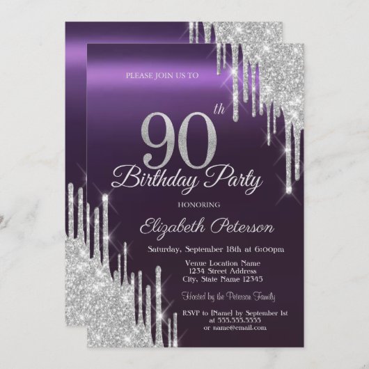Invitation Parties scintillant d'argent gouttes pourpre foncé (Devant / Derrière)