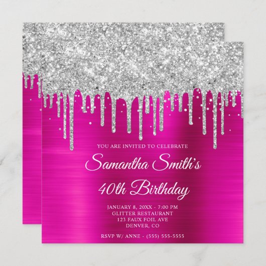 Invitation Parties scintillant d'argent gouttes rose chaud hu (Devant / Derrière)