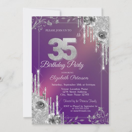 Invitation Parties scintillant d'argent gouttes violet Roses (Devant)