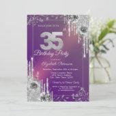 Invitation Parties scintillant d'argent gouttes violet Roses (Debout devant)