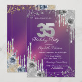 Invitation Parties scintillant d'argent gouttes violet Roses (Devant / Derrière)
