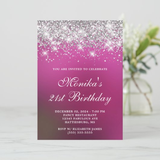Invitation Parties scintillant d'argent Hot Pink Ombre Bold 2 (Debout devant)