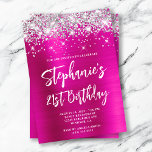 Invitation Parties scintillant d'argent Hot rose Foil Bold 21<br><div class="desc">Une invitation à 21e anniversaire de style manuscrit moderne et glamour. Vous pouvez customiser cet invitation pour une autre célébration d'anniversaire. L'art numérique présente une parties scintillant en argent brillant avec des éclats supplémentaires contre une image graphique en art numérique rose vif et chaud. Tous les éléments brillants de ce...</div>