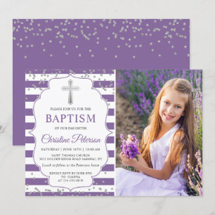 Invitation Parties scintillant d'argent Lavande violet Baptêm