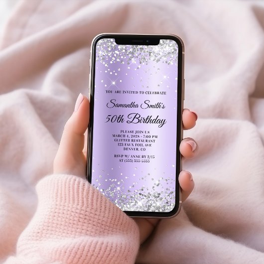 Invitation Parties scintillant d'argent Lavender satin 50e an