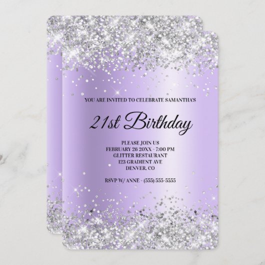 Invitation Parties scintillant d'argent Lavender Satin Foil 2 (Devant / Derrière)