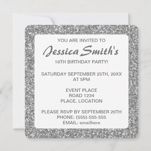 Invitation Parties scintillant d'argent Look Motif Sweet sixt (Dos)