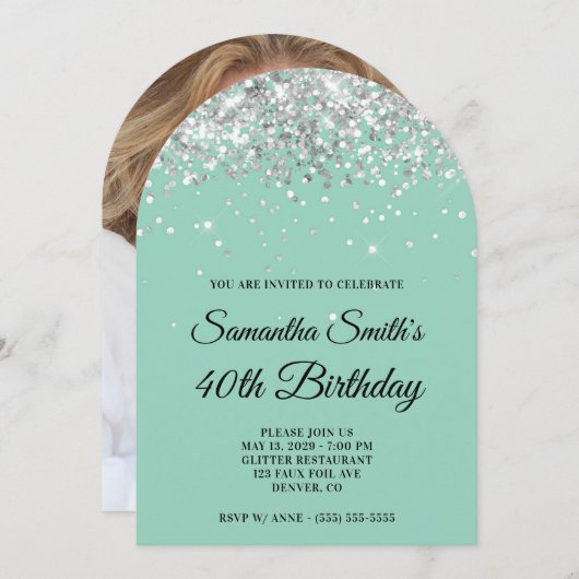 Invitation Parties scintillant d'argent Lumière Photo Turquoi (Devant / Derrière)