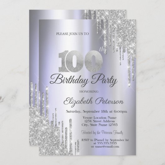 Invitation Parties scintillant d'argent Lumineuse violet 100e (Devant / Derrière)