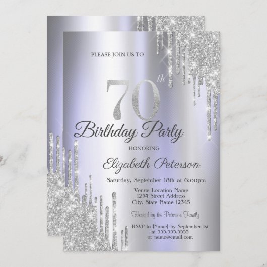 Invitation Parties scintillant d'argent Lumineuse violet 70e  (Devant / Derrière)