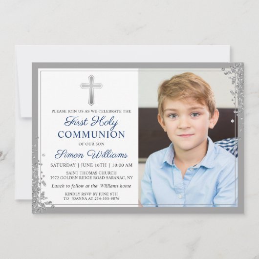 Invitation Parties scintillant d'argent Marine Blue First Com (Devant)