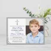 Invitation Parties scintillant d'argent Marine Blue First Com (Debout devant)