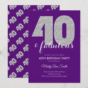 Invitation Parties scintillant d'argent mauve 40 et fête d'an