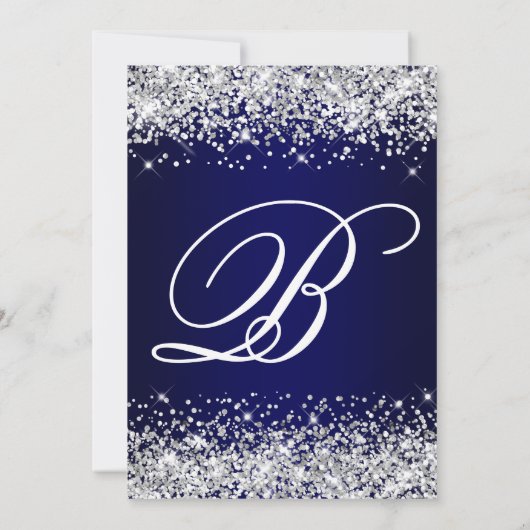 Invitation Parties scintillant d'argent Monogramme bleu marin (Dos)