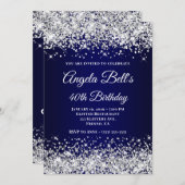 Invitation Parties scintillant d'argent Monogramme bleu marin (Devant / Derrière)