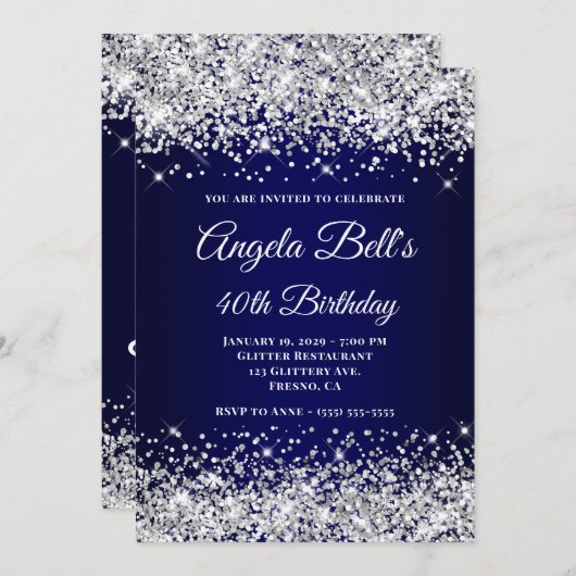 Invitation Parties scintillant d'argent Monogramme bleu marin (Devant / Derrière)
