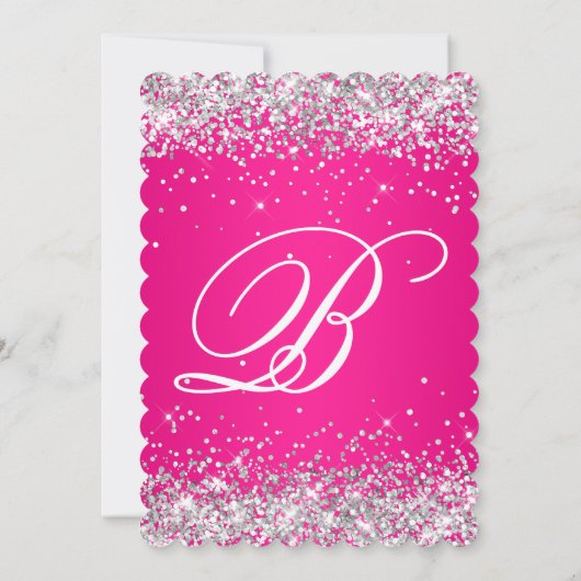 Invitation Parties scintillant d'argent Monogramme rose chaud (Dos)