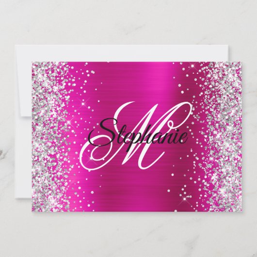 Invitation Parties scintillant d'argent Monogramme rose chaud (Dos)