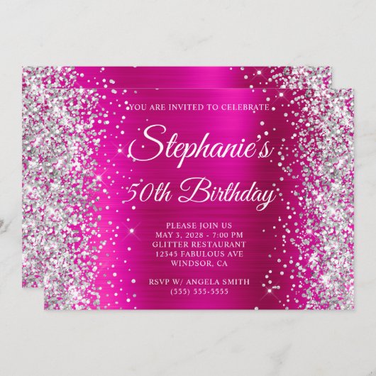 Invitation Parties scintillant d'argent Monogramme rose chaud (Devant / Derrière)