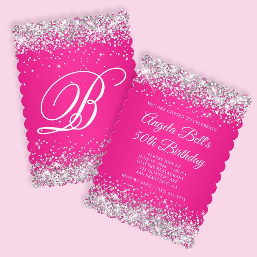 Invitation Parties scintillant d'argent Monogramme rose chaud