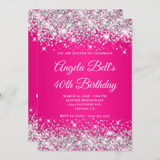 Invitation Parties scintillant d'argent Monogramme rose chaud (Devant / Derrière)