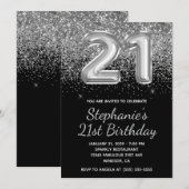 Invitation Parties scintillant d'argent mousseux Black Balloo (Devant / Derrière)