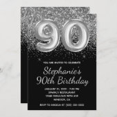 Invitation Parties scintillant d'argent mousseux Black Balloo (Devant / Derrière)