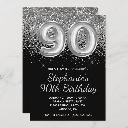 Invitation Parties scintillant d'argent mousseux Black Balloo (Devant / Derrière)