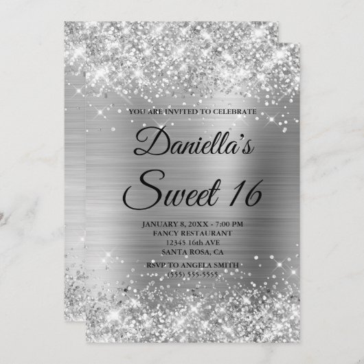 Invitation Parties scintillant d'argent mousseux et huile dou (Devant / Derrière)
