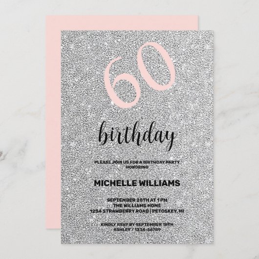 Invitation Parties scintillant d'argent Noir Blush Calligraph (Devant / Derrière)