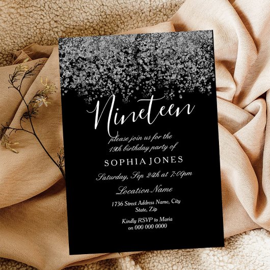 Invitation Parties scintillant d'argent noir Confetti 19e ann