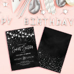 Invitation Parties scintillant d'argent noir éclaire doux 16<br><div class="desc">Cette majestueuse et glamour invitation d'anniversaire sweet sixteen est parfaite pour la fille fille. Il présente des brins lumineux suspendus au-dessus de confettis de parties scintillant brillant en argent faux imprimé sur un arrière - plan abstrait noir inspiré des étoiles dans le ciel nocturne. C'est joli, chic, moderne, tendance et...</div>