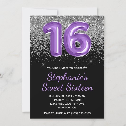 Invitation Parties scintillant d'argent Noir Royal Purple Num (Devant)