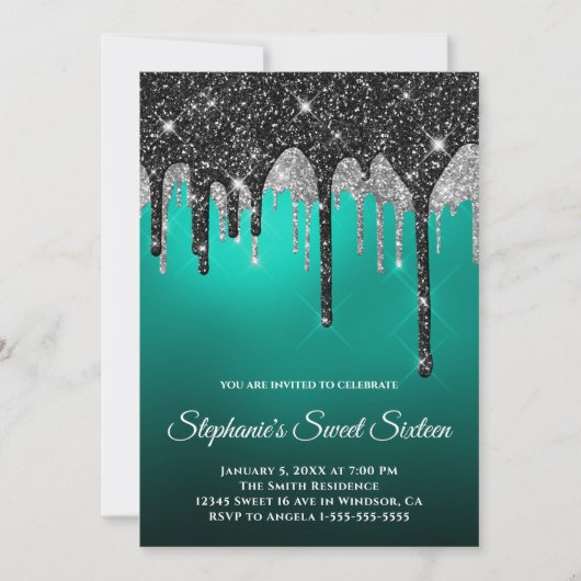 Invitation Parties scintillant d'argent noir Turquoise Turquo (Devant)
