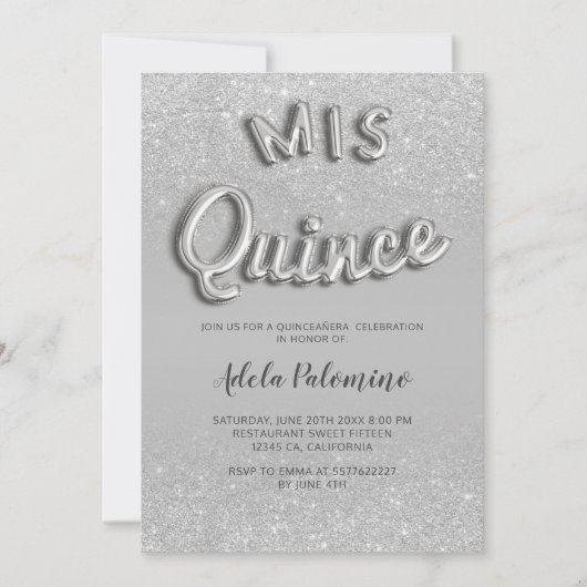 Invitation parties scintillant d'argent ombre ballons gris Qu (Devant)