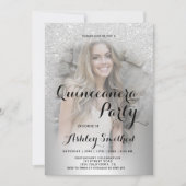 Invitation Parties scintillant d'argent ombre photo métalliqu (Devant)