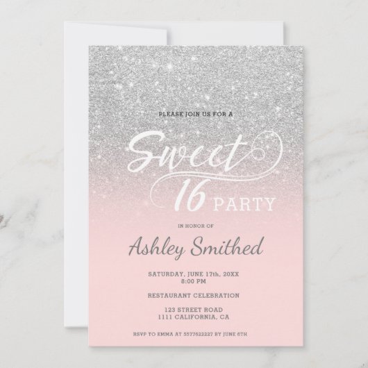 Invitation Parties scintillant d'argent ombre rose typographi (Devant)