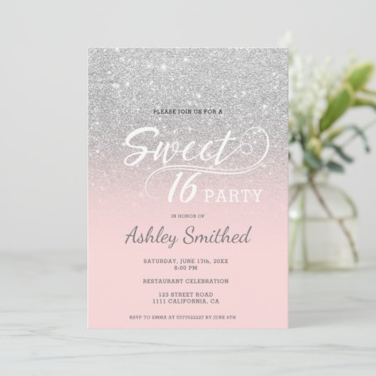 Invitation Parties scintillant d'argent ombre rose typographi (Debout devant)