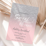 Invitation Parties scintillant d'argent ombre rose typographi<br><div class="desc">Une douche à parties scintillant moderne et jolie en faux argent sombre avec bloc de couleur rose Sweet 16 anniversaire invitation avec une typographie élégante avec motif argent ombre s'estompant sur un arrière - plan personnalisable. Parfait pour un Sweet sixteen princesse.</div>