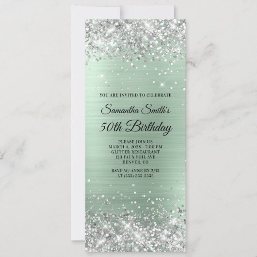Invitation Parties scintillant d'argent Pale Mint Foil 50e an (Devant)