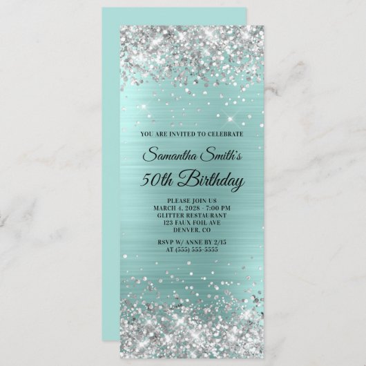 Invitation Parties scintillant d'argent Pale Turquoise Foil 5 (Devant / Derrière)