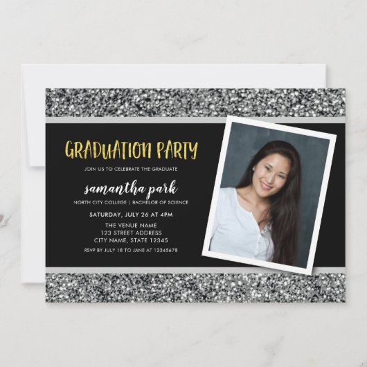 Invitation Parties scintillant d'argent Photo Graduation Part (Devant)
