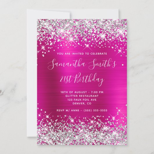 Invitation Parties scintillant d'argent Pink Hot Foil 21e ann (Devant)