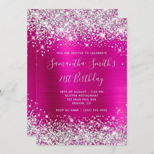 Invitation Parties scintillant d'argent Pink Hot Foil 21e ann (Devant / Derrière)